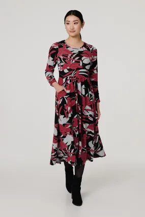 Floral Long Sleeve Pleated Midi Dress