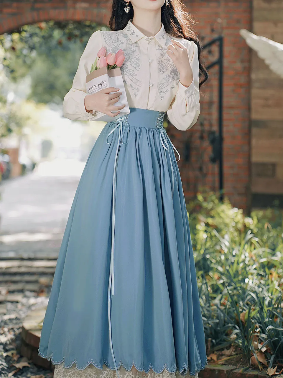 1950S Vintage Embroidered Puffed Sleeve Shirt And Swing Skirt Set