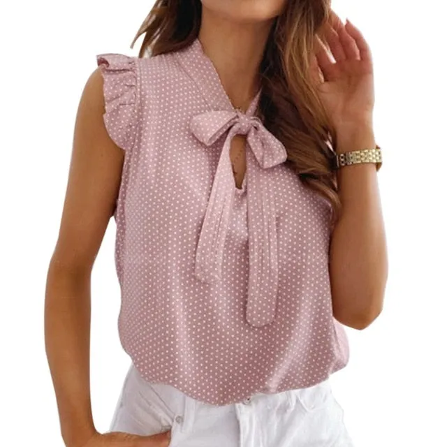 2021 Short Sleeves Shirt Summer Bow Lace Up Polka Dot Pullover Sizes S - 2XL