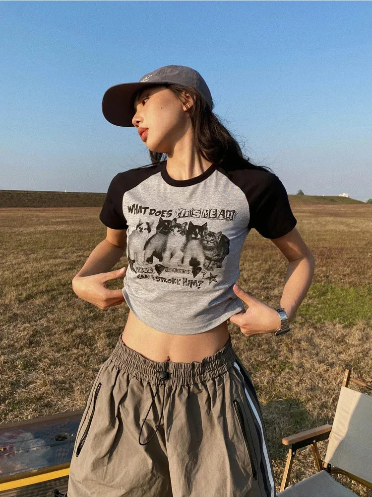 2024 Y2K Cat Print Crop Top for Women