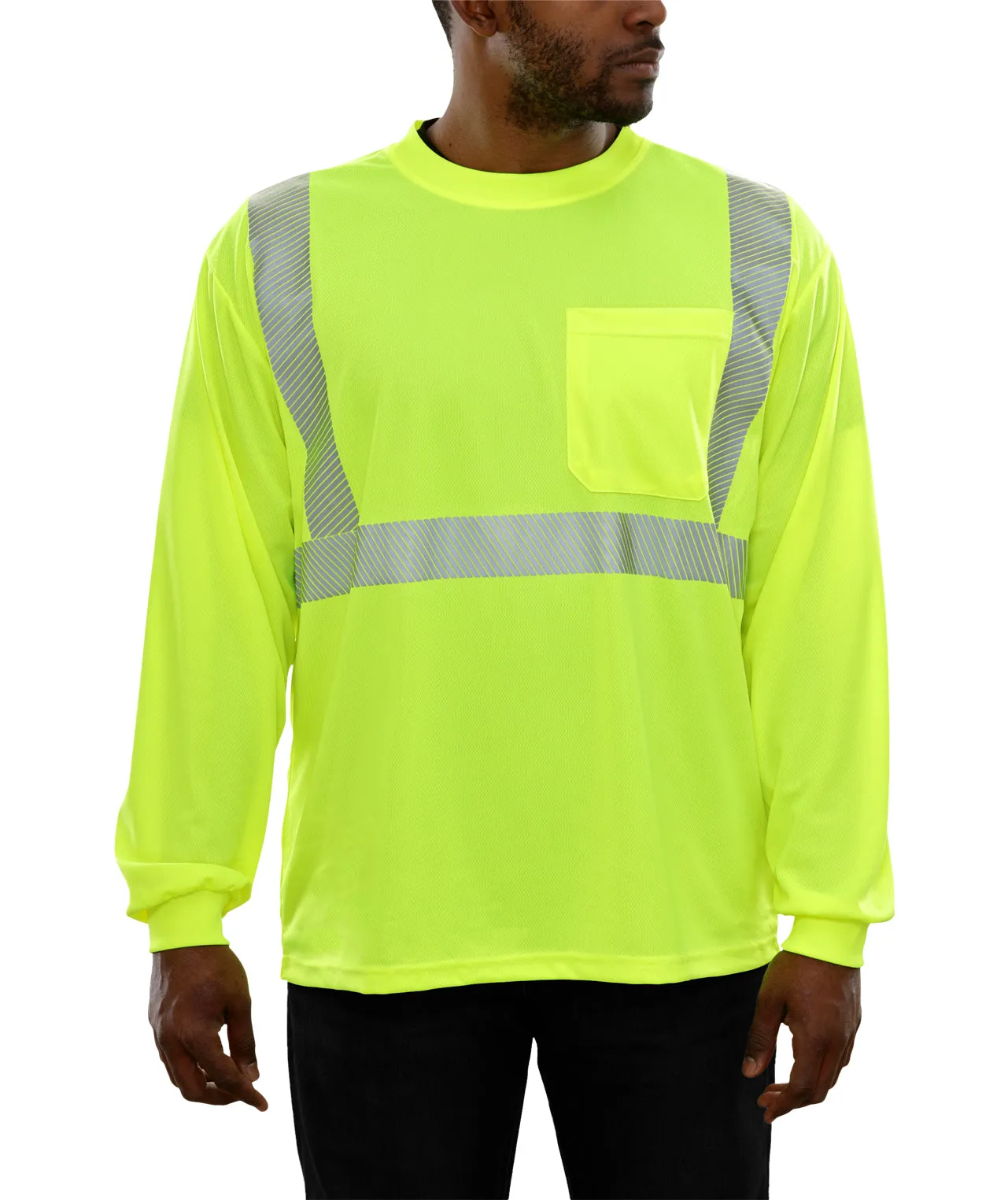 202CTLM Hi-Vis Long Sleeve Lime Birdseye Pocket Safety T-Shirt with 3MTM Comfort Trim