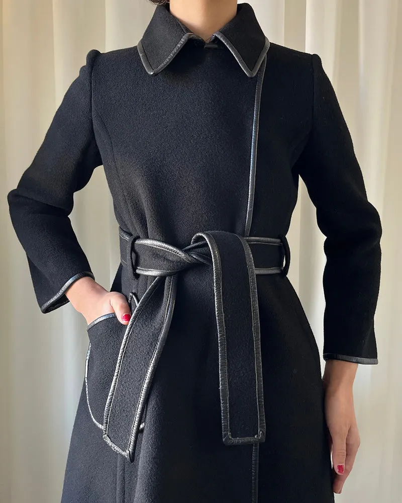 60s Belted Leather Trim Coat | XS