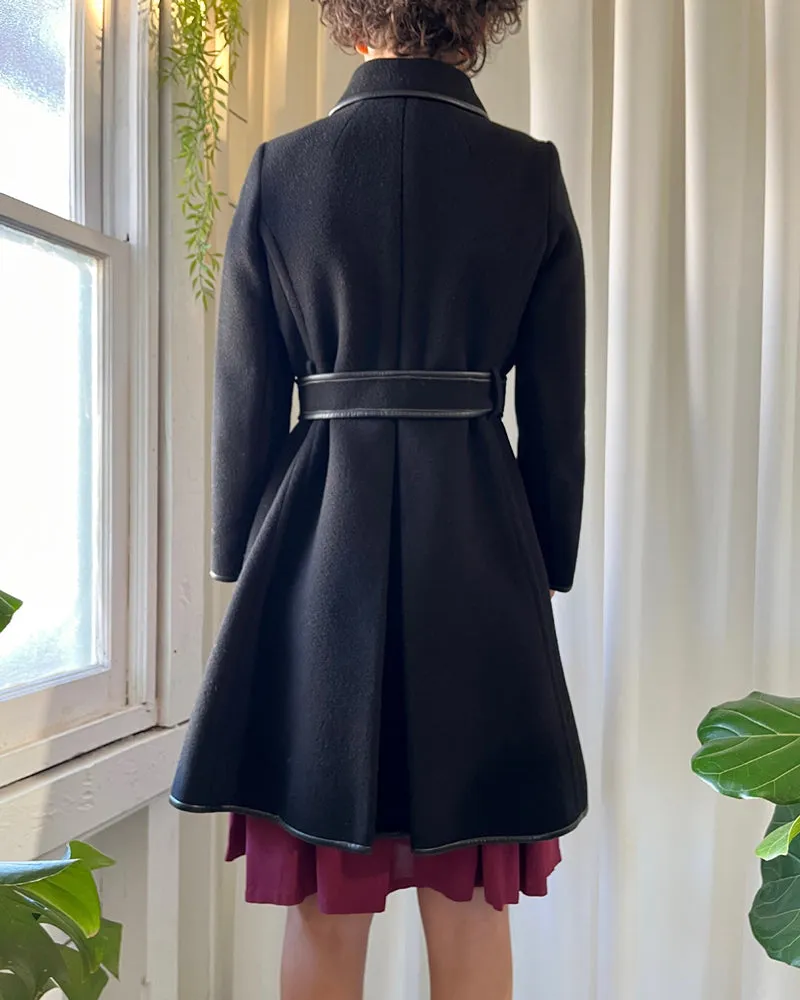 60s Belted Leather Trim Coat | XS