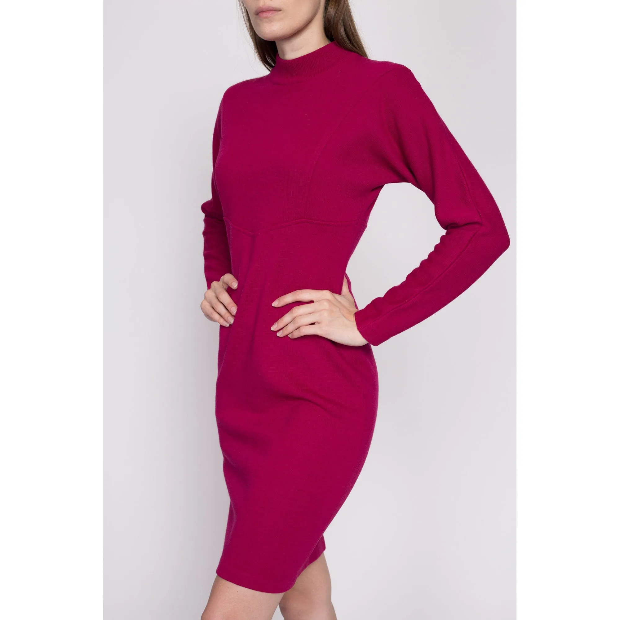 80s Magenta Knit Mini Sweater Dress - Small