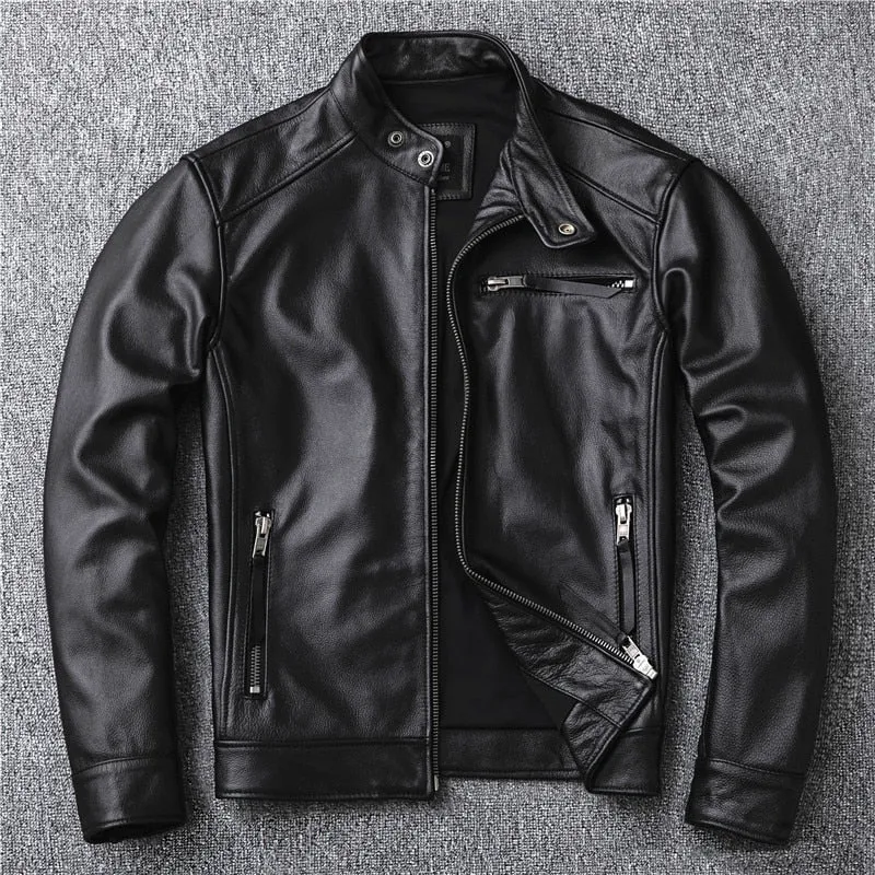 Advbridge Free shipping.classic motor style,black genuine leather Jacket,fashion men casual Leather coat,street biker coat,wholesales