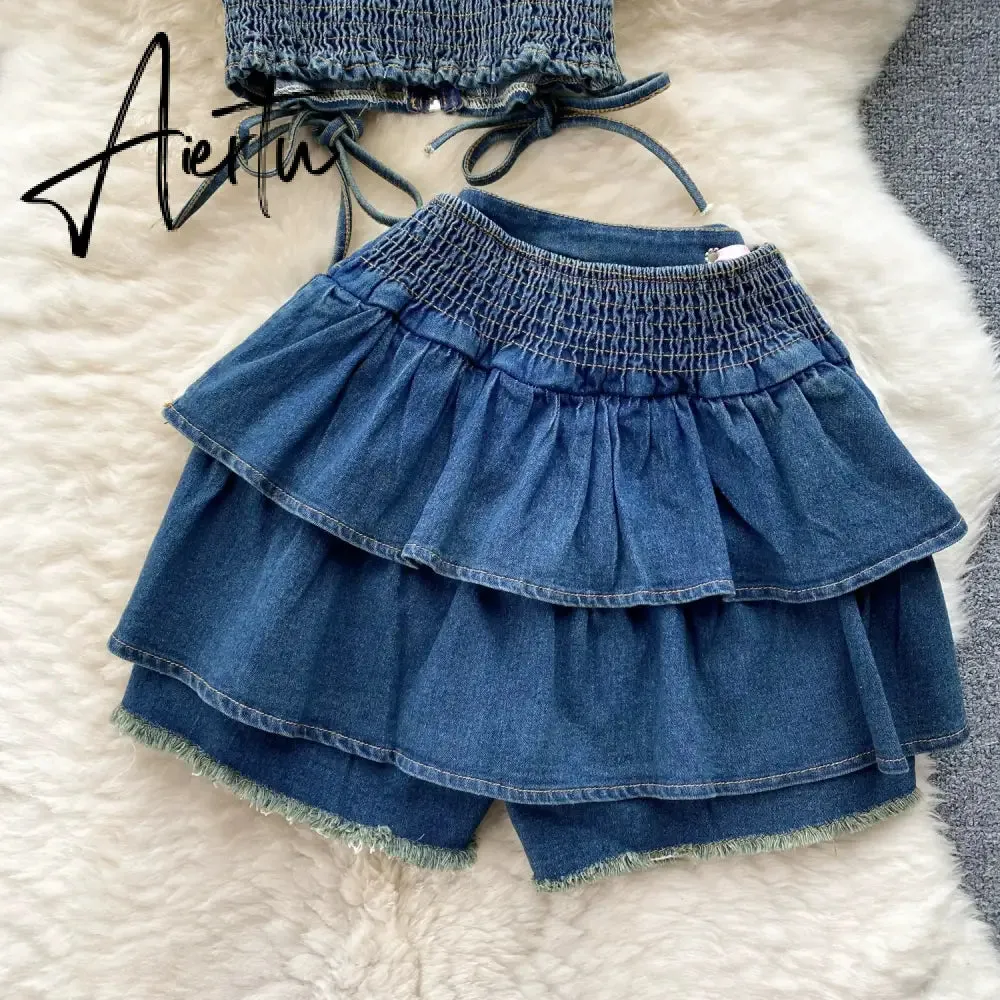 Aiertu Hotsweet Denim Two Pieces Sets Zipper Strapless Y2K Top Elastic Mini Culottes Lace Up Cross Bandage Streetwear Suits