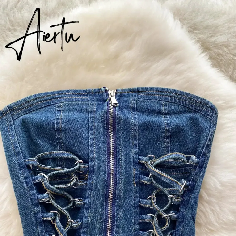 Aiertu Hotsweet Denim Two Pieces Sets Zipper Strapless Y2K Top Elastic Mini Culottes Lace Up Cross Bandage Streetwear Suits