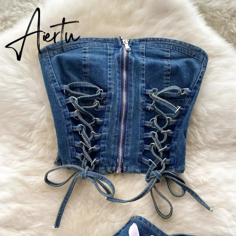 Aiertu Hotsweet Denim Two Pieces Sets Zipper Strapless Y2K Top Elastic Mini Culottes Lace Up Cross Bandage Streetwear Suits