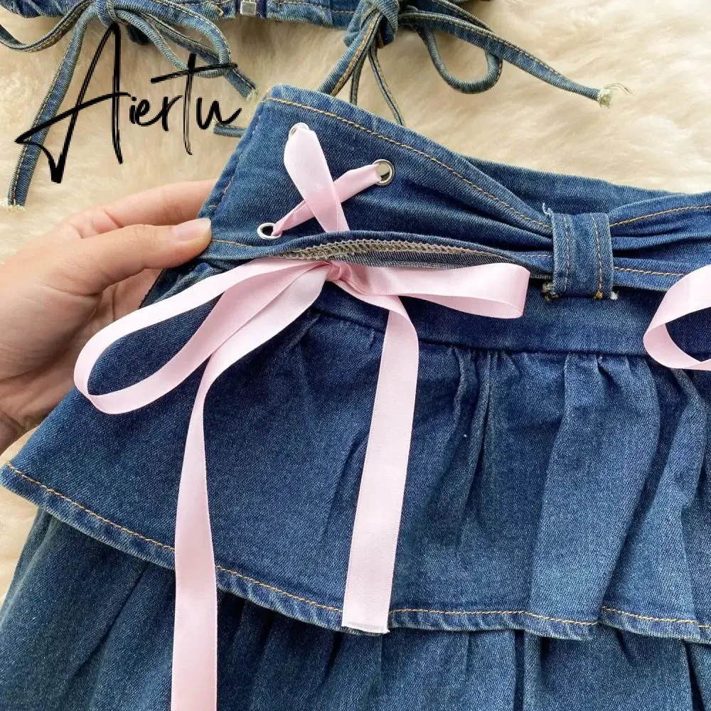 Aiertu Hotsweet Denim Two Pieces Sets Zipper Strapless Y2K Top Elastic Mini Culottes Lace Up Cross Bandage Streetwear Suits