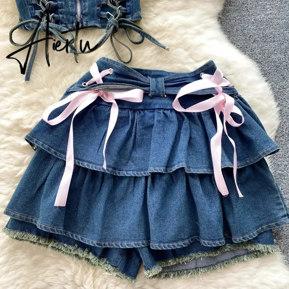 Aiertu Hotsweet Denim Two Pieces Sets Zipper Strapless Y2K Top Elastic Mini Culottes Lace Up Cross Bandage Streetwear Suits