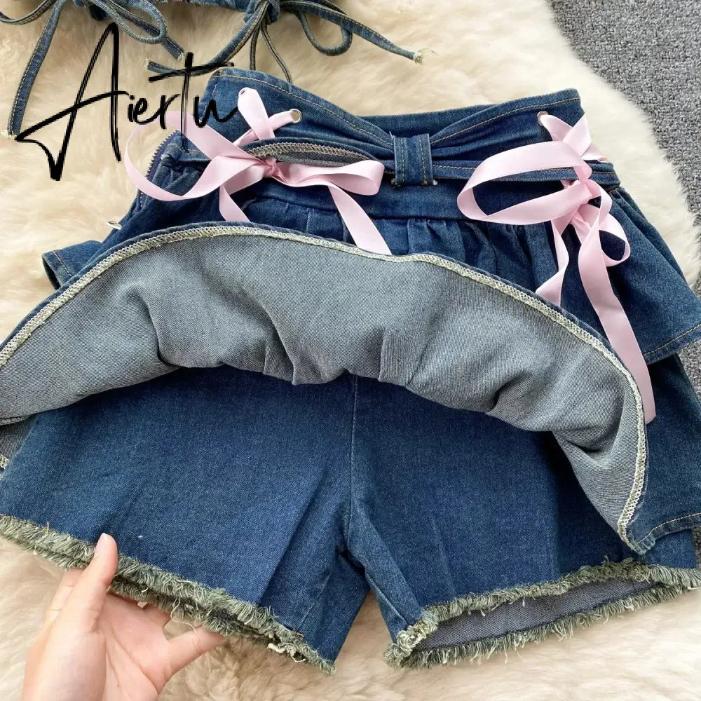 Aiertu Hotsweet Denim Two Pieces Sets Zipper Strapless Y2K Top Elastic Mini Culottes Lace Up Cross Bandage Streetwear Suits