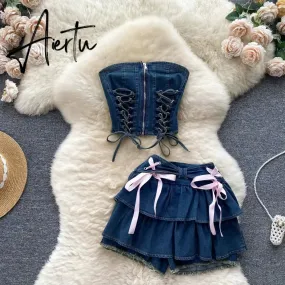 Aiertu Hotsweet Denim Two Pieces Sets Zipper Strapless Y2K Top Elastic Mini Culottes Lace Up Cross Bandage Streetwear Suits