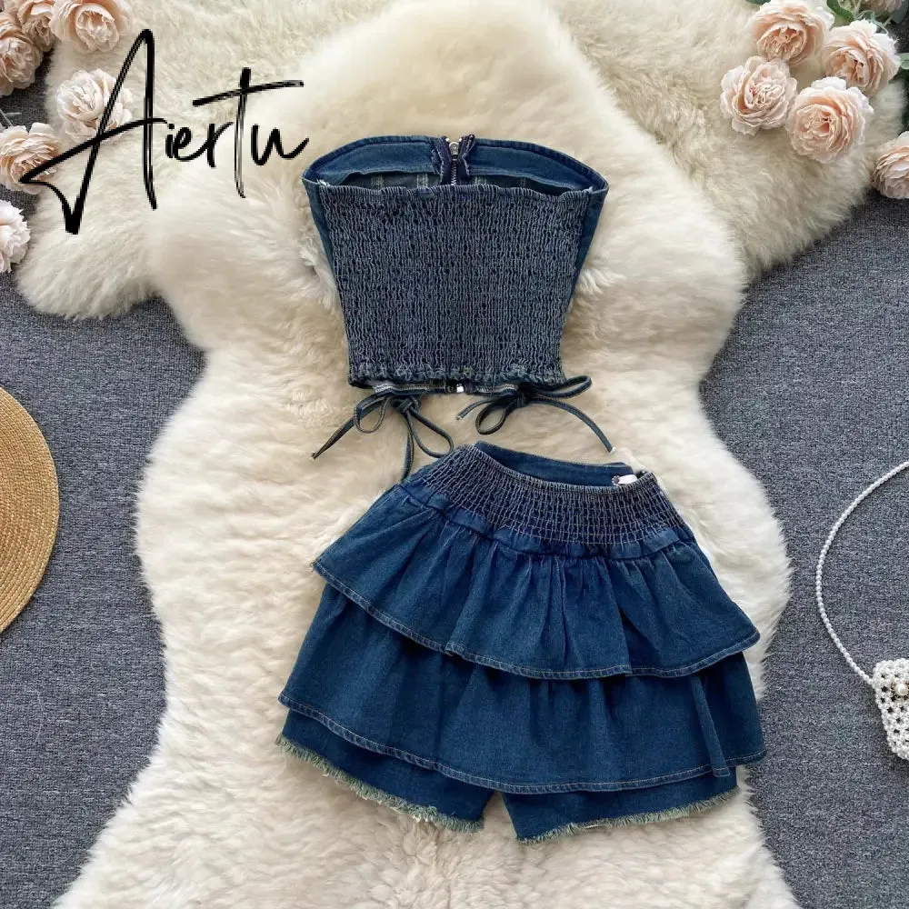 Aiertu Hotsweet Denim Two Pieces Sets Zipper Strapless Y2K Top Elastic Mini Culottes Lace Up Cross Bandage Streetwear Suits