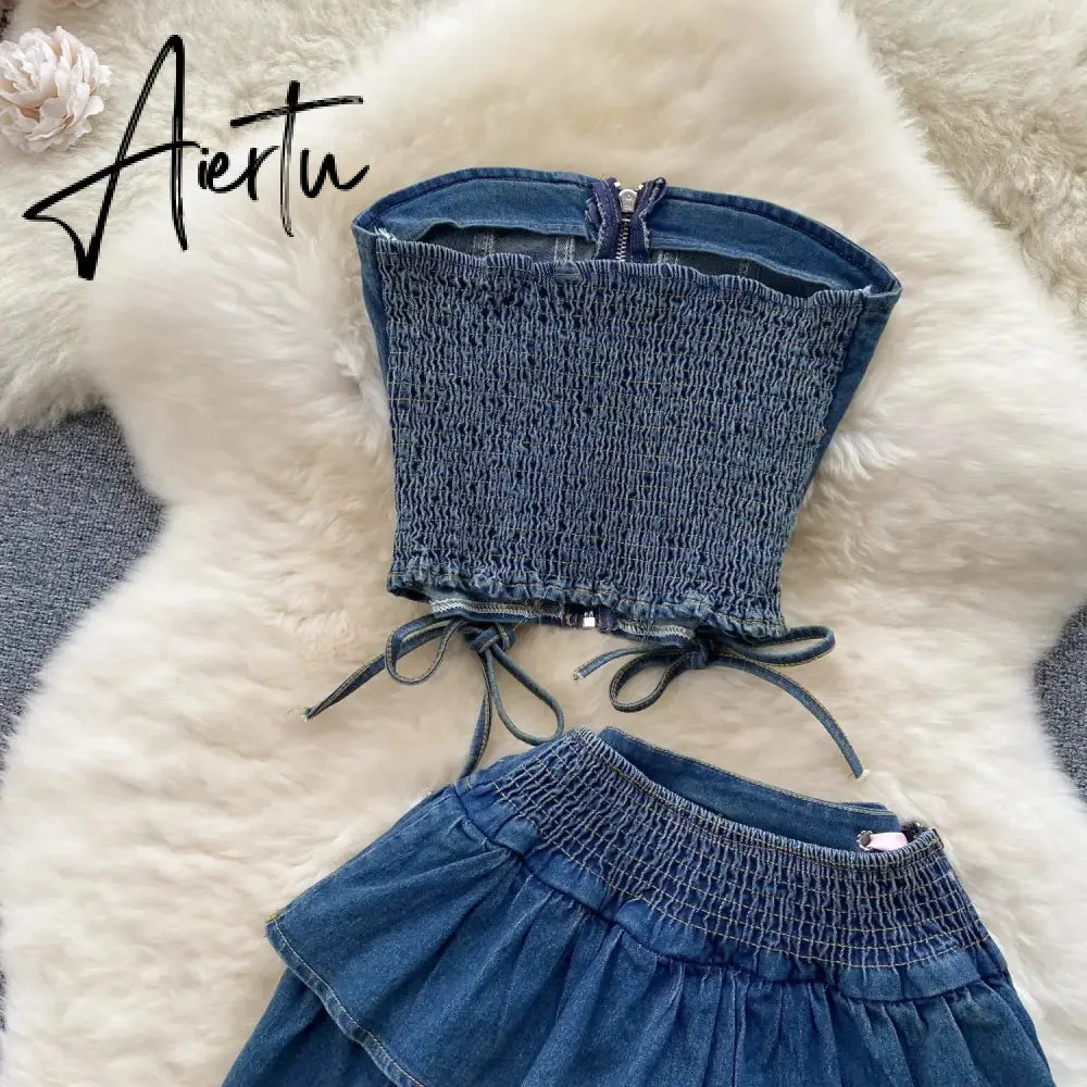 Aiertu Hotsweet Denim Two Pieces Sets Zipper Strapless Y2K Top Elastic Mini Culottes Lace Up Cross Bandage Streetwear Suits