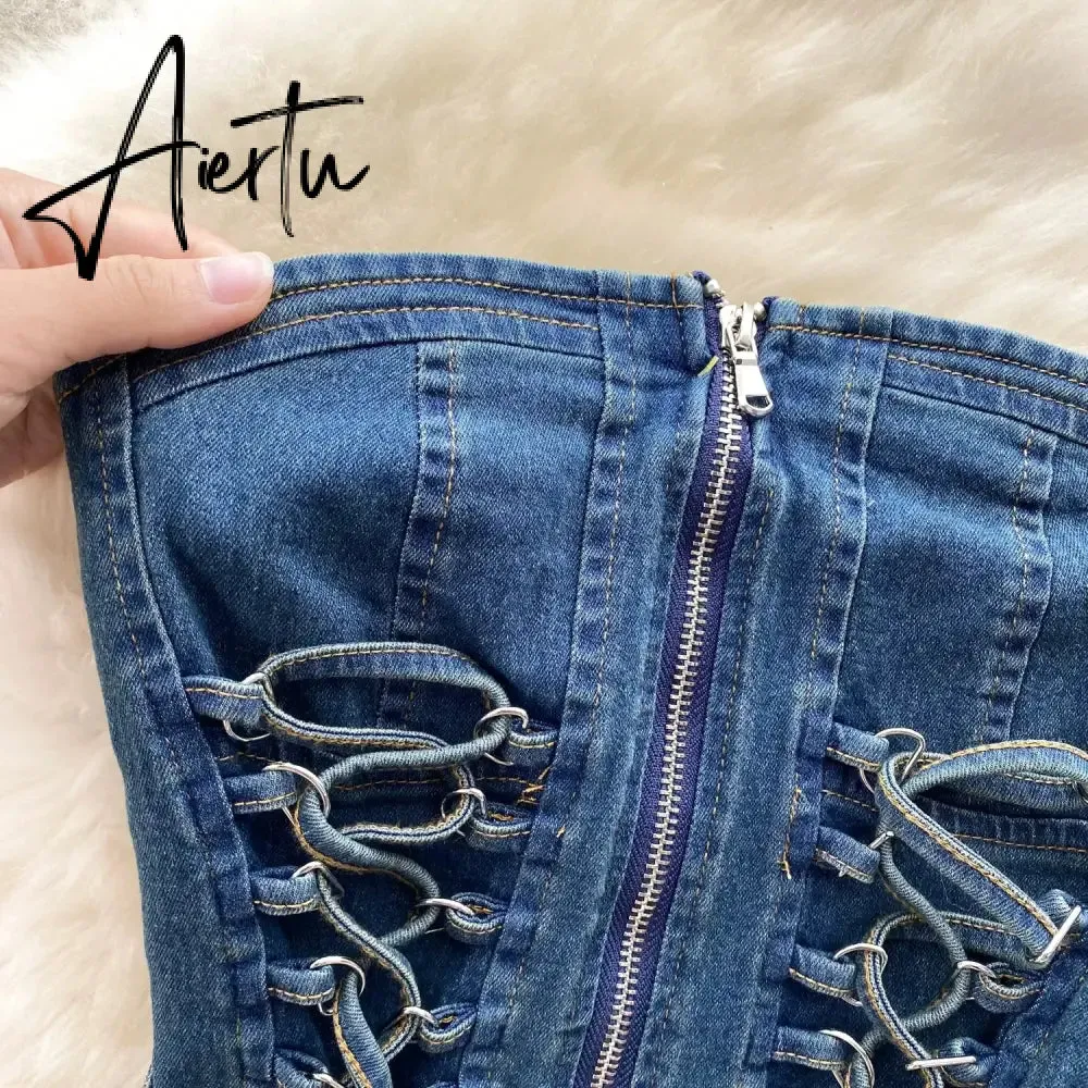 Aiertu Hotsweet Denim Two Pieces Sets Zipper Strapless Y2K Top Elastic Mini Culottes Lace Up Cross Bandage Streetwear Suits