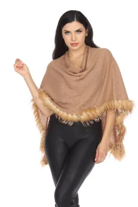 Alashan Luxe 100% Cashmere Flutter Fox Trim Topper Poncho LXF9317