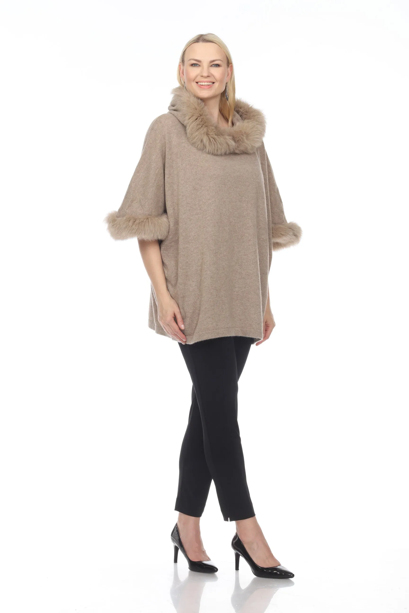 Alashan Luxe 100% Cashmere Let It Snow Fox Trim Hooded Poncho LX3001