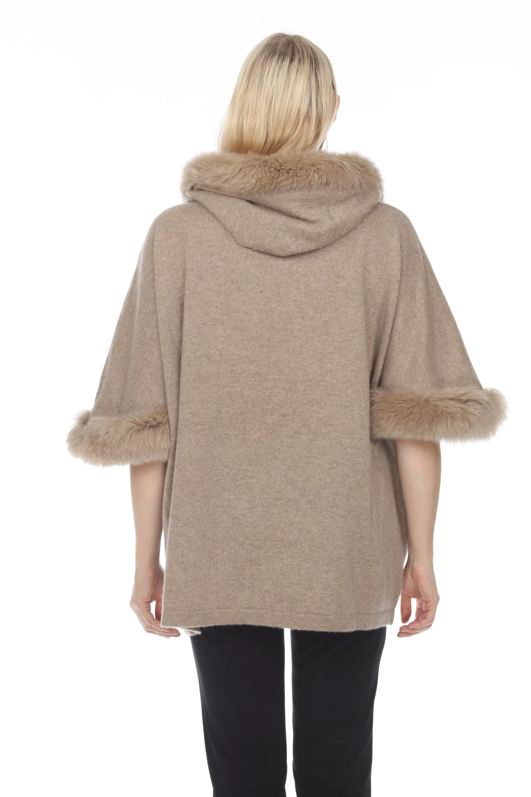 Alashan Luxe 100% Cashmere Let It Snow Fox Trim Hooded Poncho LX3001