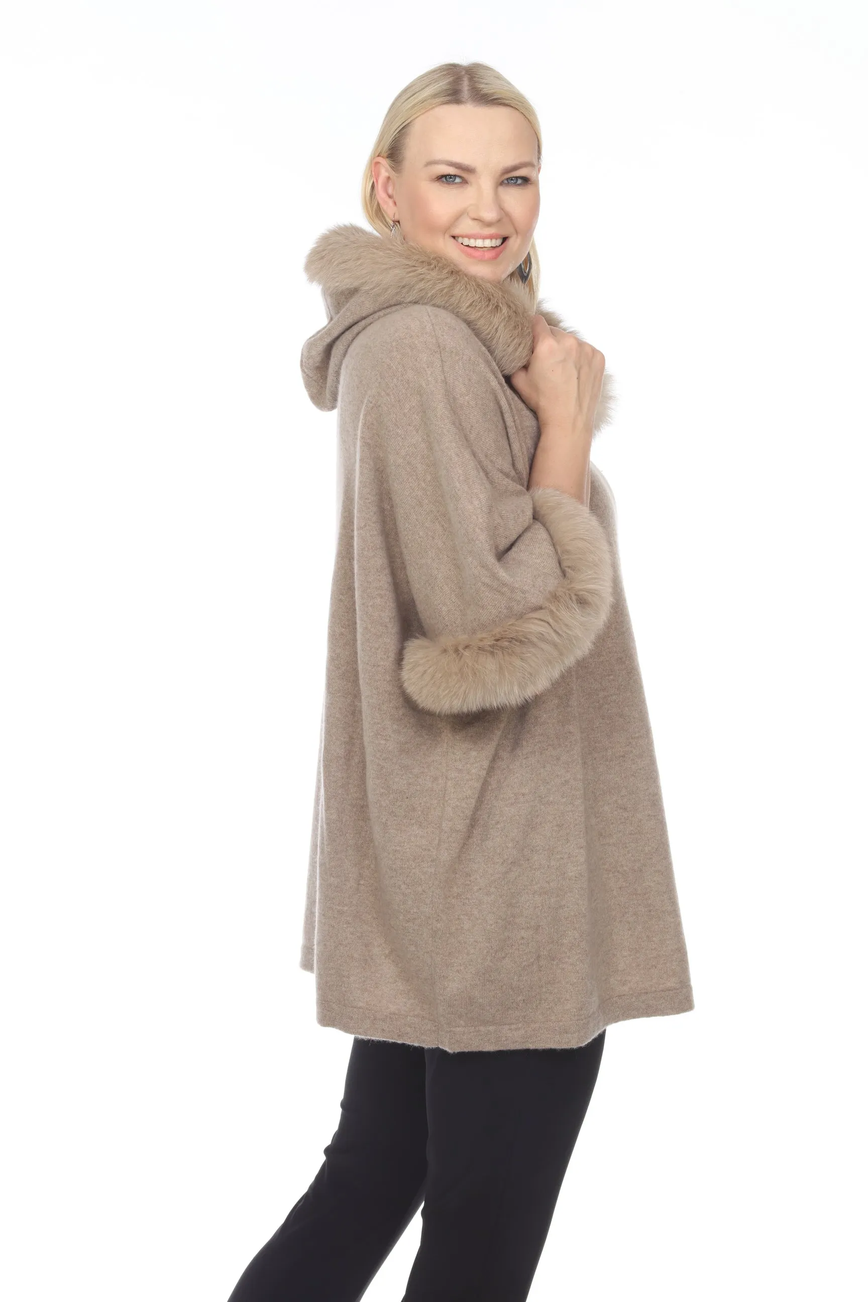 Alashan Luxe 100% Cashmere Let It Snow Fox Trim Hooded Poncho LX3001