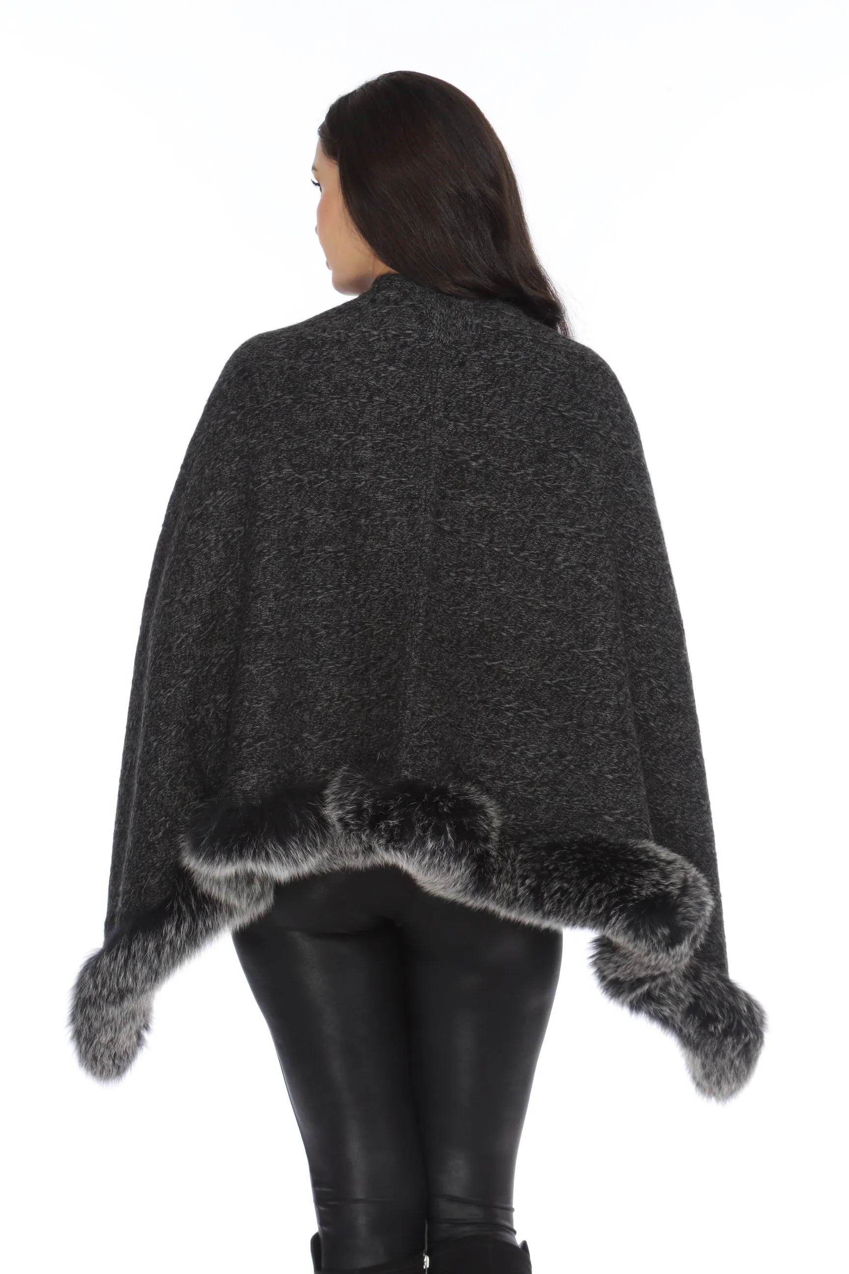 Alashan Luxe Ebony/Graphite 100% Cashmere North Country Fox Trim Poncho LXF9336