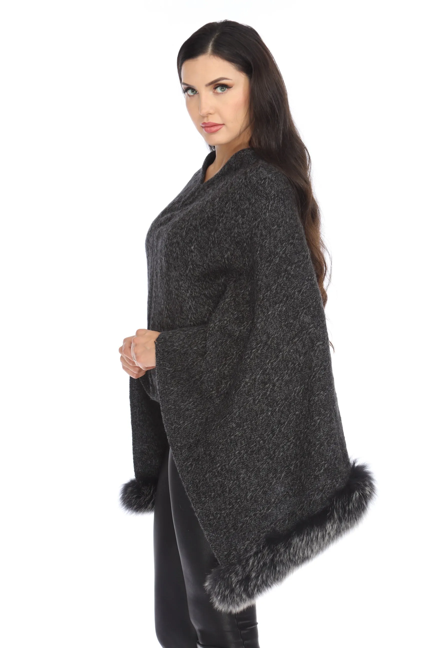 Alashan Luxe Ebony/Graphite 100% Cashmere North Country Fox Trim Poncho LXF9336