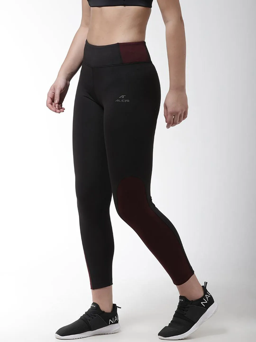 Alcis Women Black Burgundy Colourblocked Training Tights