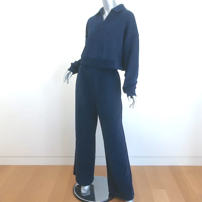 Alo Cozy Day Henley Pullover & Wide Leg Sweatpants Set Navy Velvet Size Medium