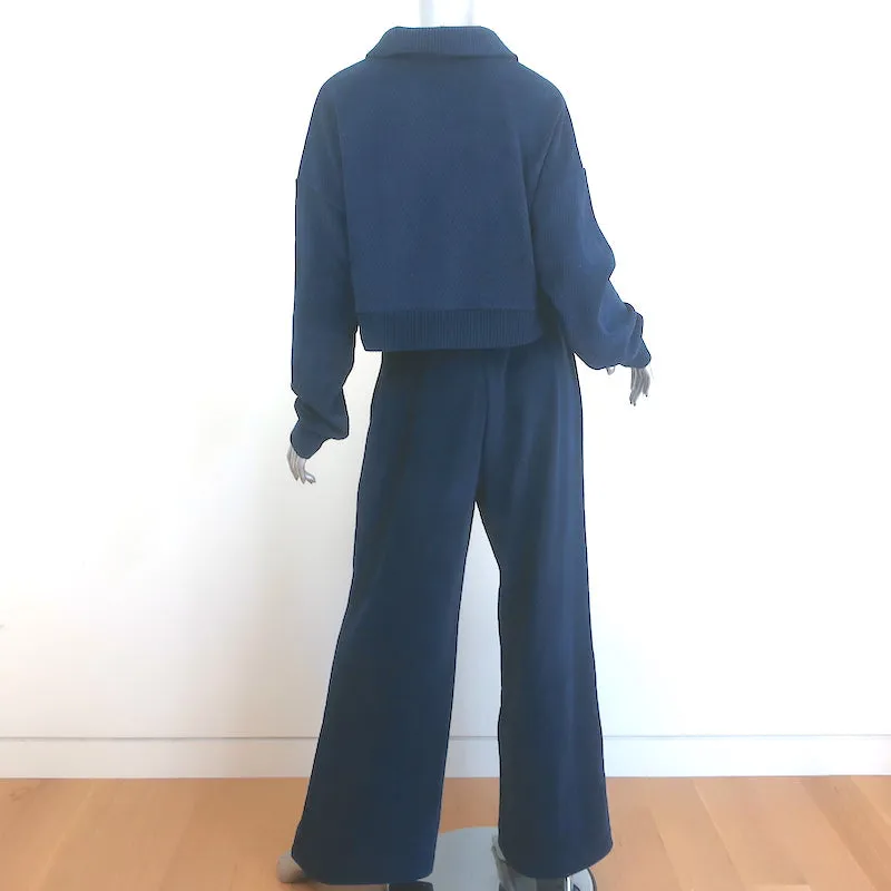 Alo Cozy Day Henley Pullover & Wide Leg Sweatpants Set Navy Velvet Size Medium