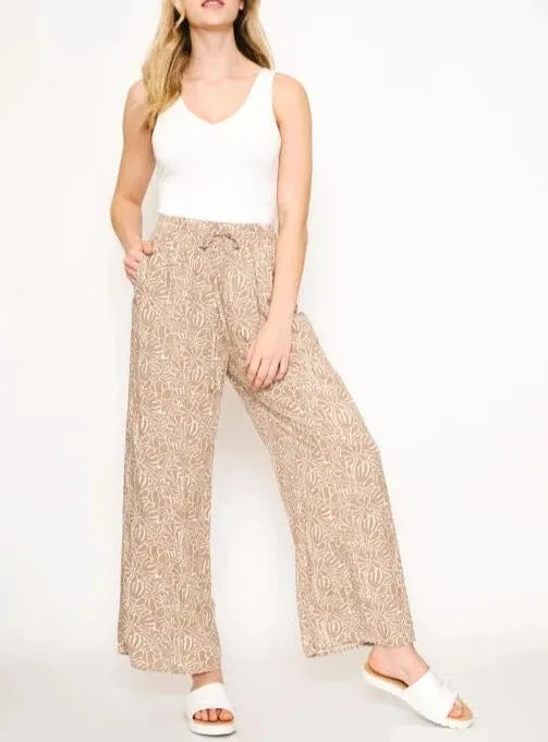 Amarillis Floral Print Wide Leg Drawstring Pants in Taupe