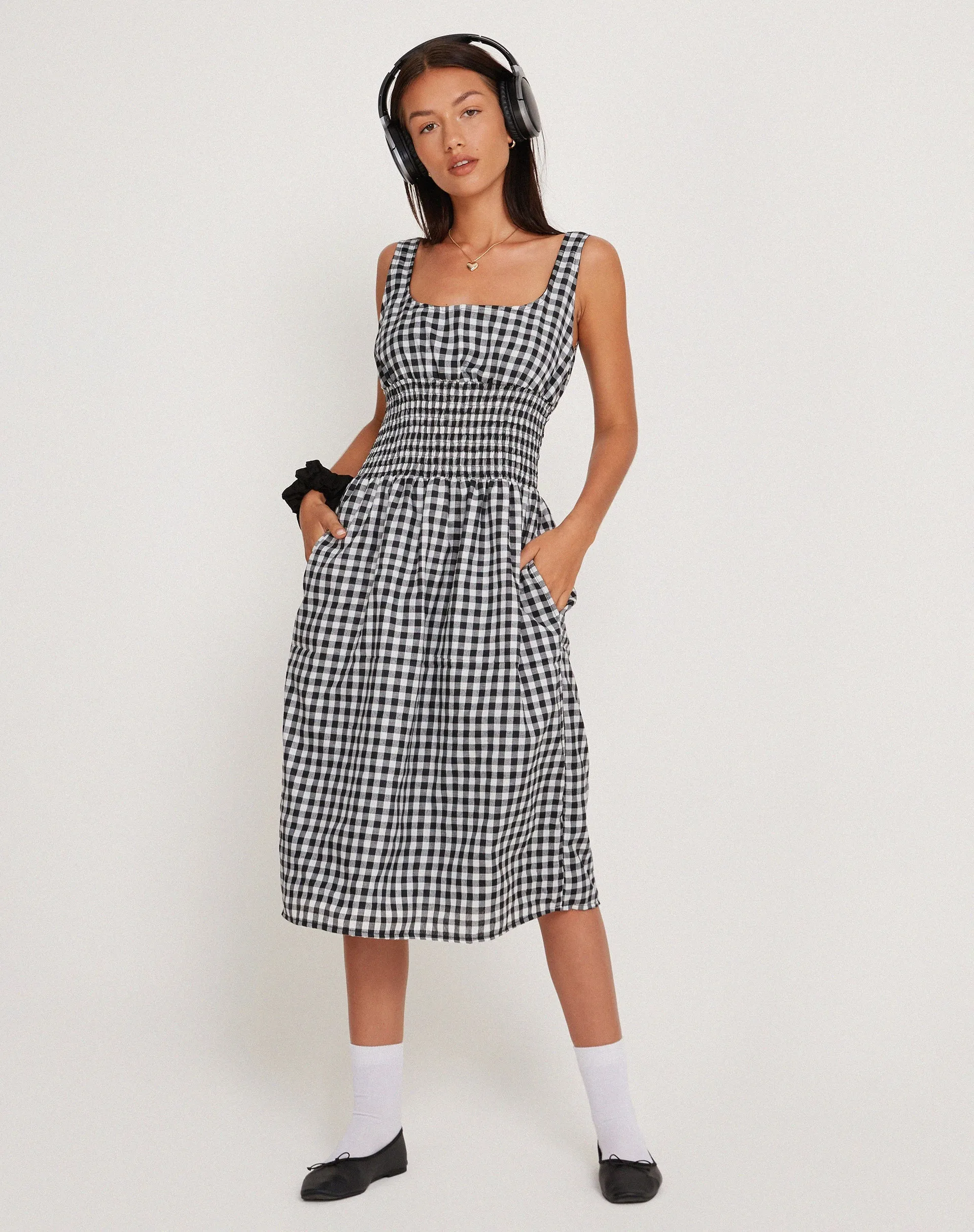 Ambrose Midi Dress in Black and White Gingham