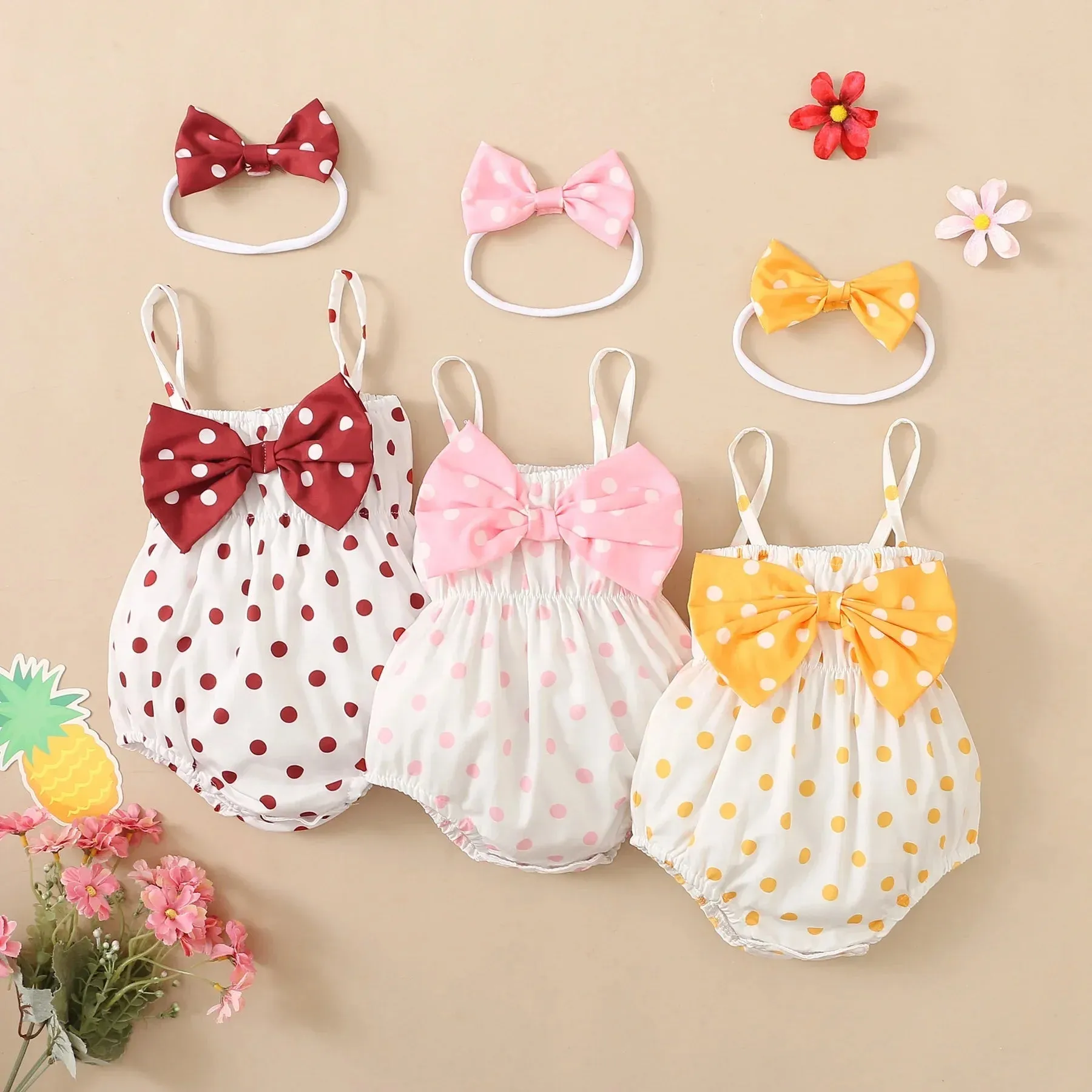 Baby Girl All over Dots Bowknot Sleeveless Spaghetti Strap Romper with Headband Set Soft and Comfortable 2pcs