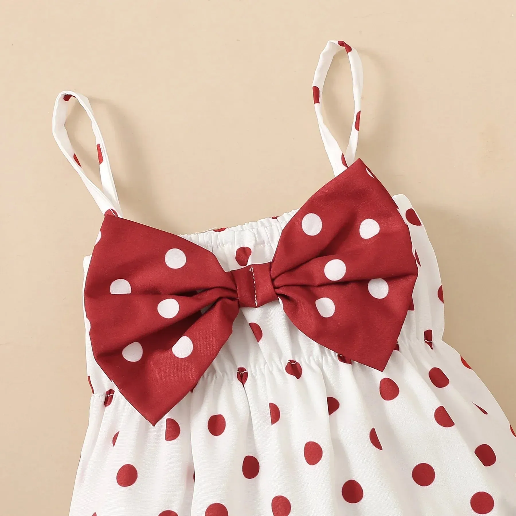 Baby Girl All over Dots Bowknot Sleeveless Spaghetti Strap Romper with Headband Set Soft and Comfortable 2pcs