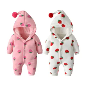 Baby Girl Strawberries Pattern Button Front Double Quilted Romper With Hat by MyKids-USA™