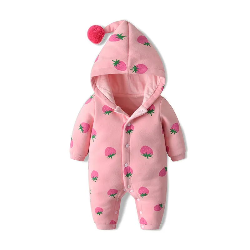 Baby Girl Strawberries Pattern Button Front Double Quilted Romper With Hat by MyKids-USA™