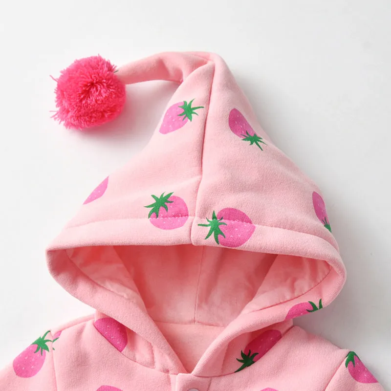 Baby Girl Strawberries Pattern Button Front Double Quilted Romper With Hat by MyKids-USA™