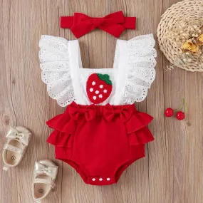 Baby Girl Strawberry Embroidered Bow Front Ruffled Spliced Romper & Headband Set Soft and Comfortable 2pcs