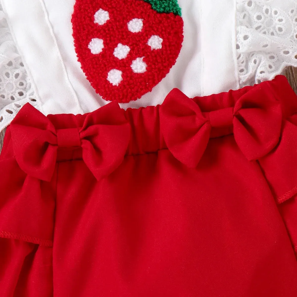 Baby Girl Strawberry Embroidered Bow Front Ruffled Spliced Romper & Headband Set Soft and Comfortable 2pcs