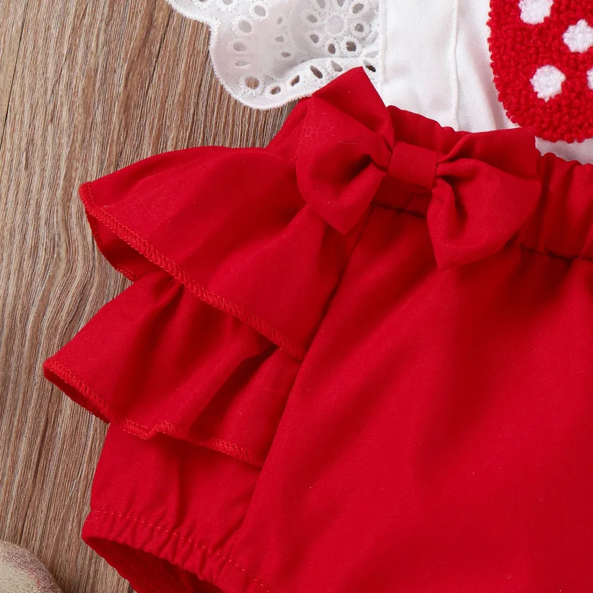 Baby Girl Strawberry Embroidered Bow Front Ruffled Spliced Romper & Headband Set Soft and Comfortable 2pcs