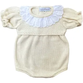 Baby Girls Beige Romper with Broderie Anglaise Collar