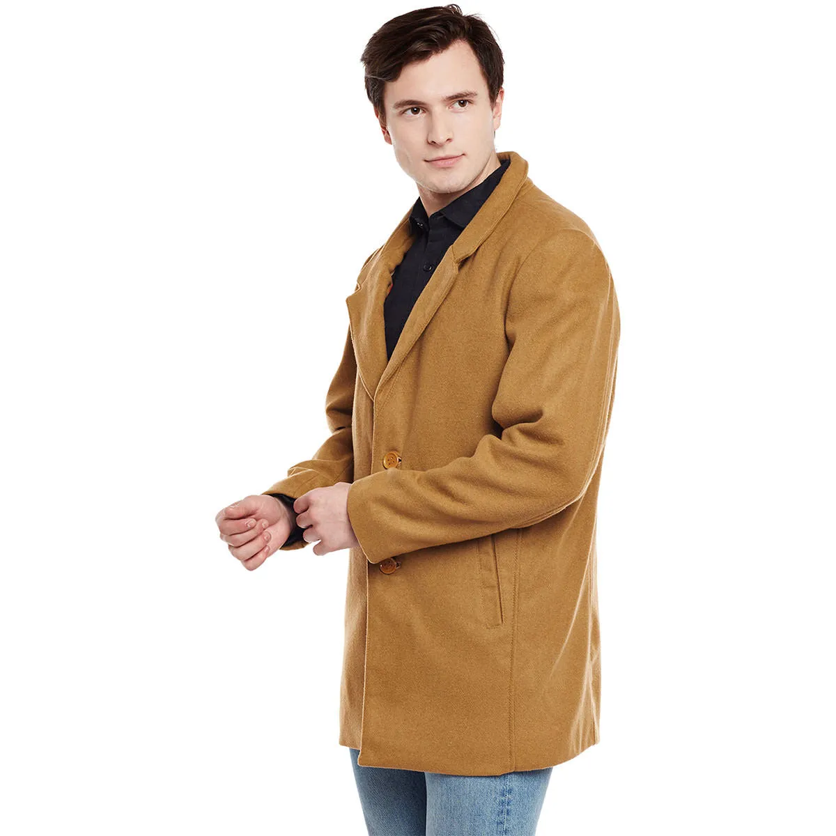 Bareskin Men's Beige Plain Classic Long Woollen Coat