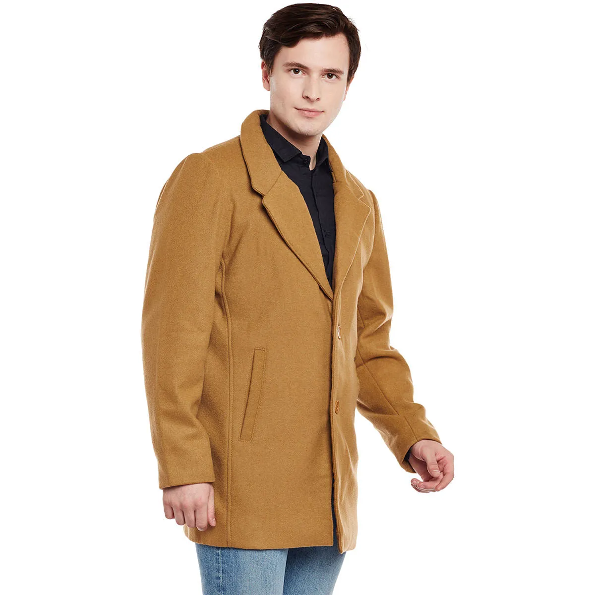 Bareskin Men's Beige Plain Classic Long Woollen Coat