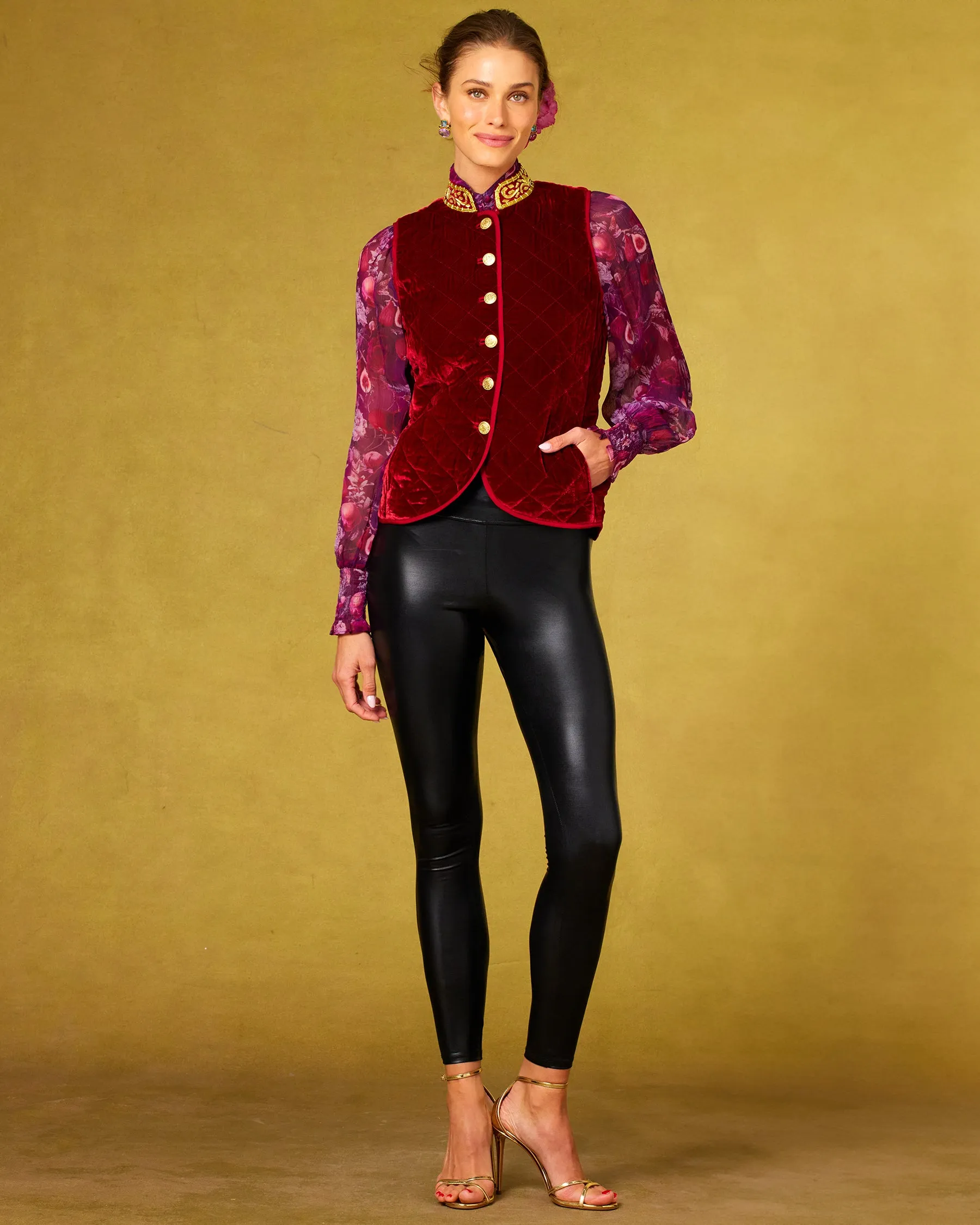 Bentley Quilted Vest in Crimson Red Silk Blend Velvet and Gold Embellishment