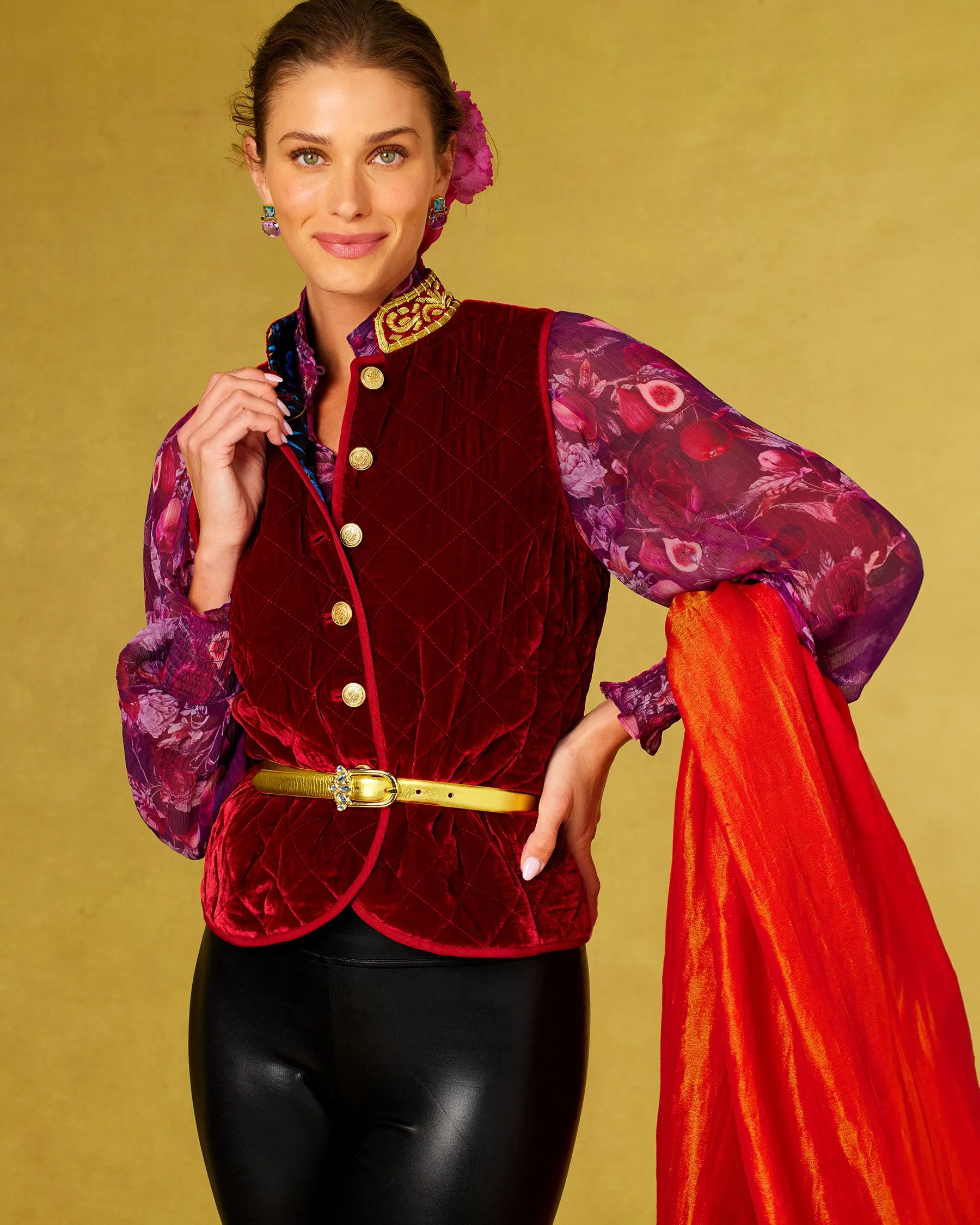 Bentley Quilted Vest in Crimson Red Silk Blend Velvet and Gold Embellishment