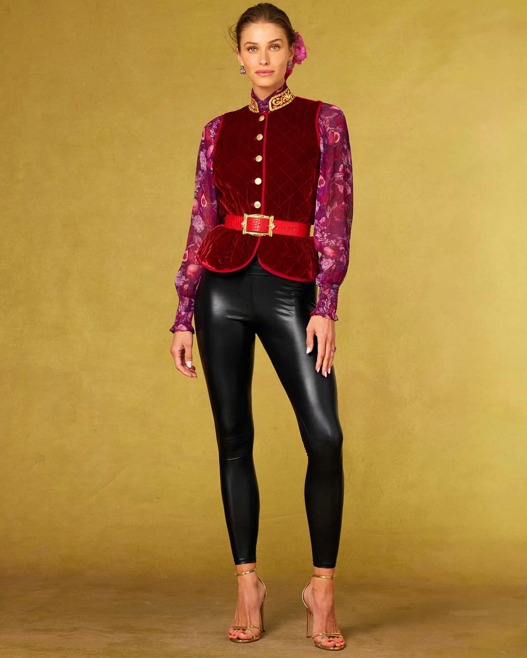 Bentley Quilted Vest in Crimson Red Silk Blend Velvet and Gold Embellishment