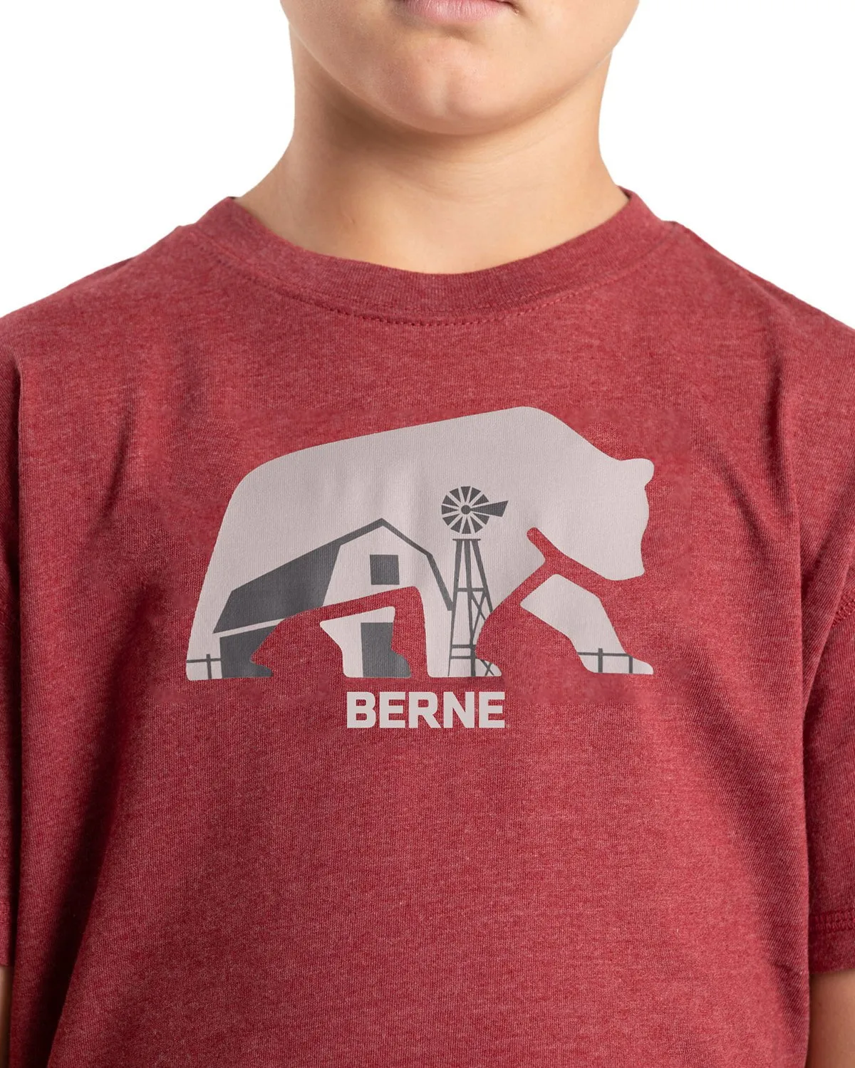 Berne Youth Unisex Big Bear Barn Dark Red Cotton Blend S/S T-Shirt