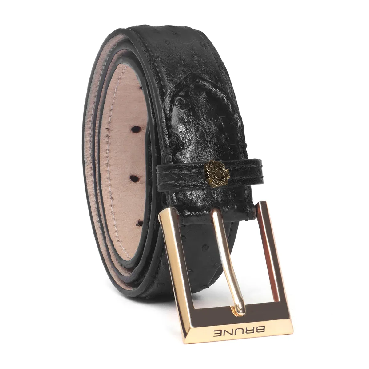 Black Authentic Ostrich Leather Belt with Golden Square Buckle