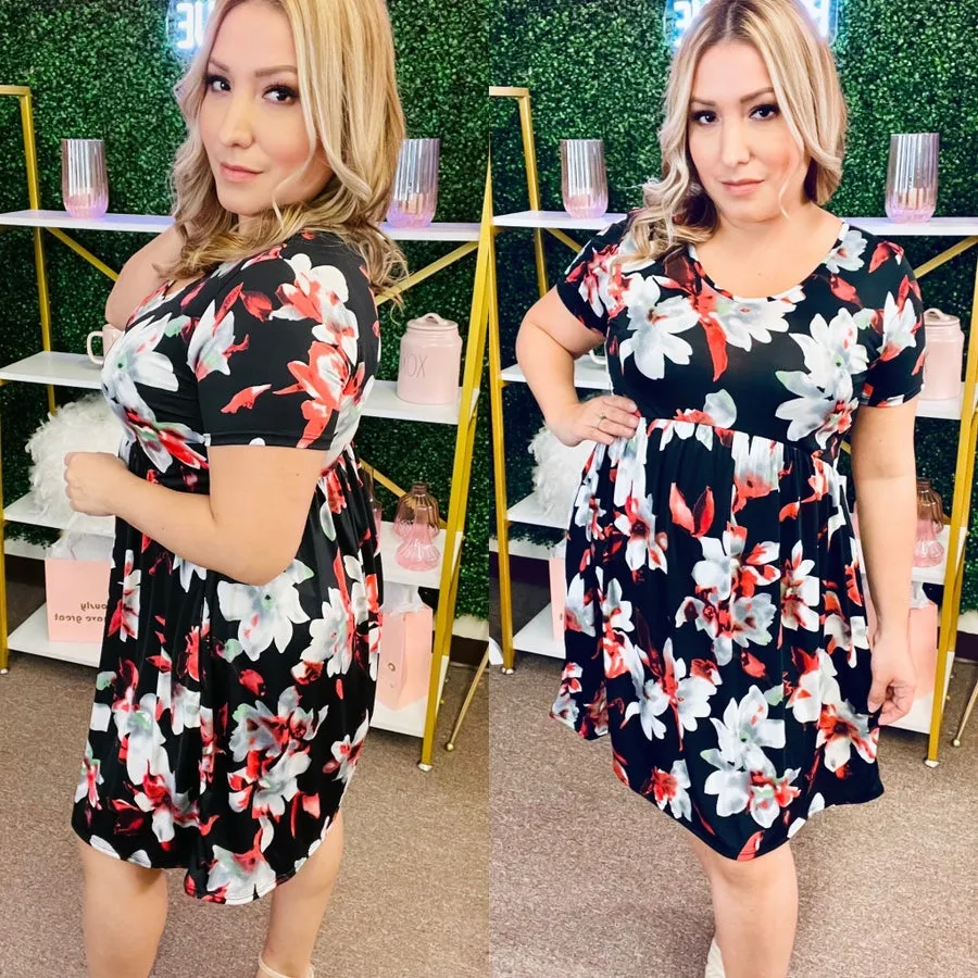 Black Background Floral Dress with Pockets