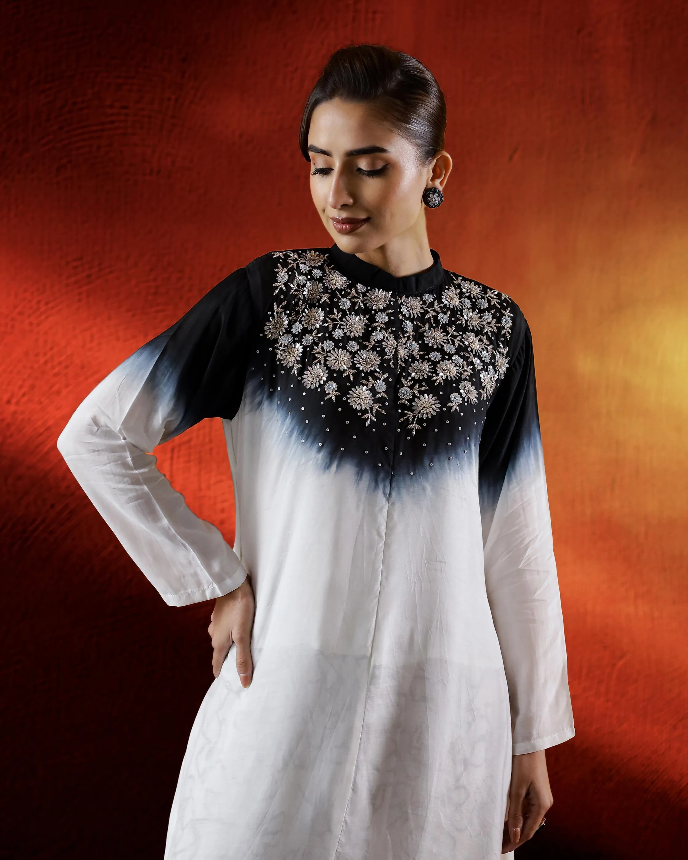 Black Ombre-Dyed Satin Silk Kurta & Cowl Pants Set