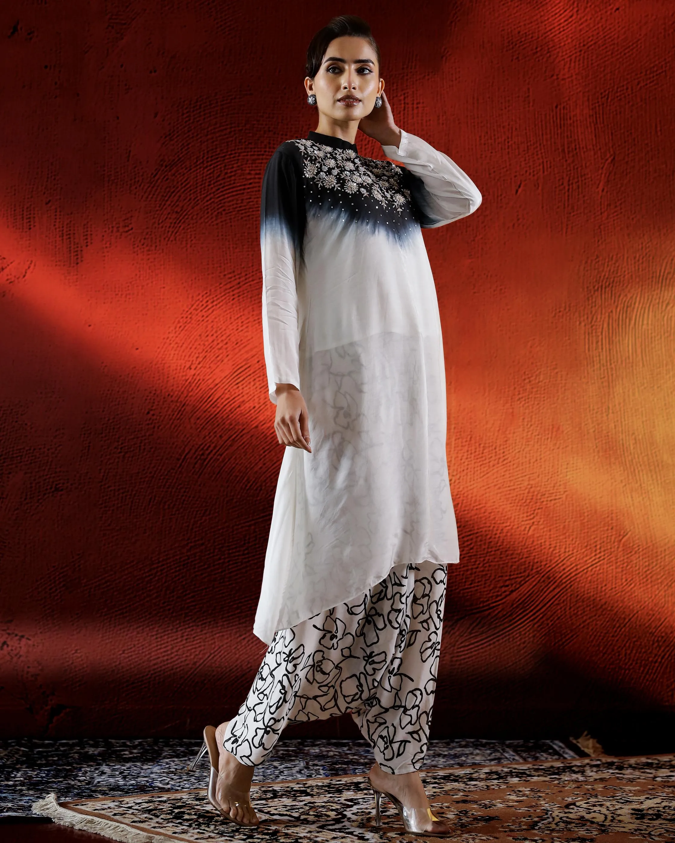 Black Ombre-Dyed Satin Silk Kurta & Cowl Pants Set