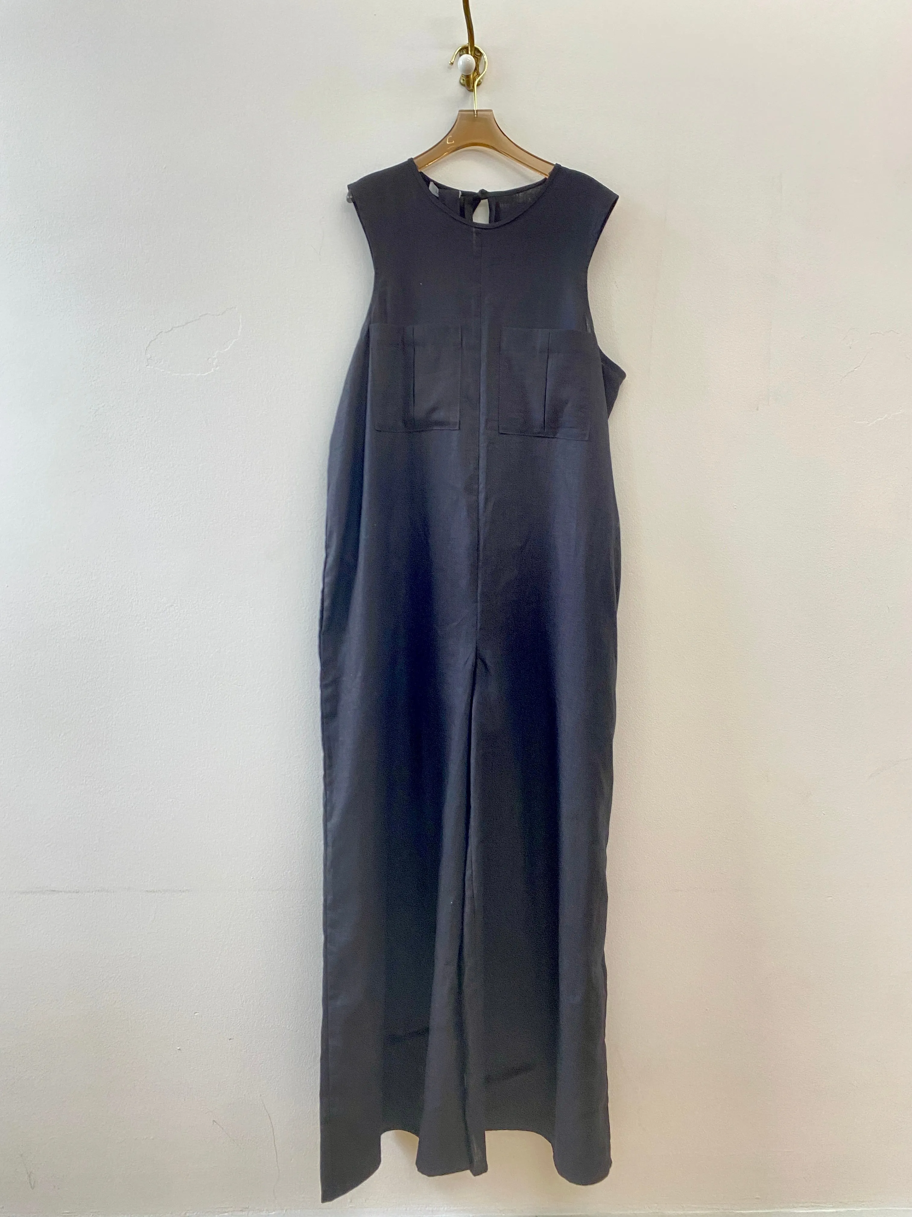 Black Sleeveless Linen Zoe Jumpsuit w/ Tie Back & Belt